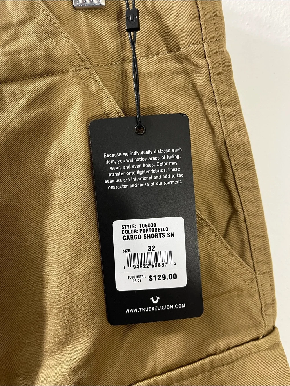 True Religion Mens Cotton  Cargo Shorts Portobello 105030 Khaki Size 32 $129